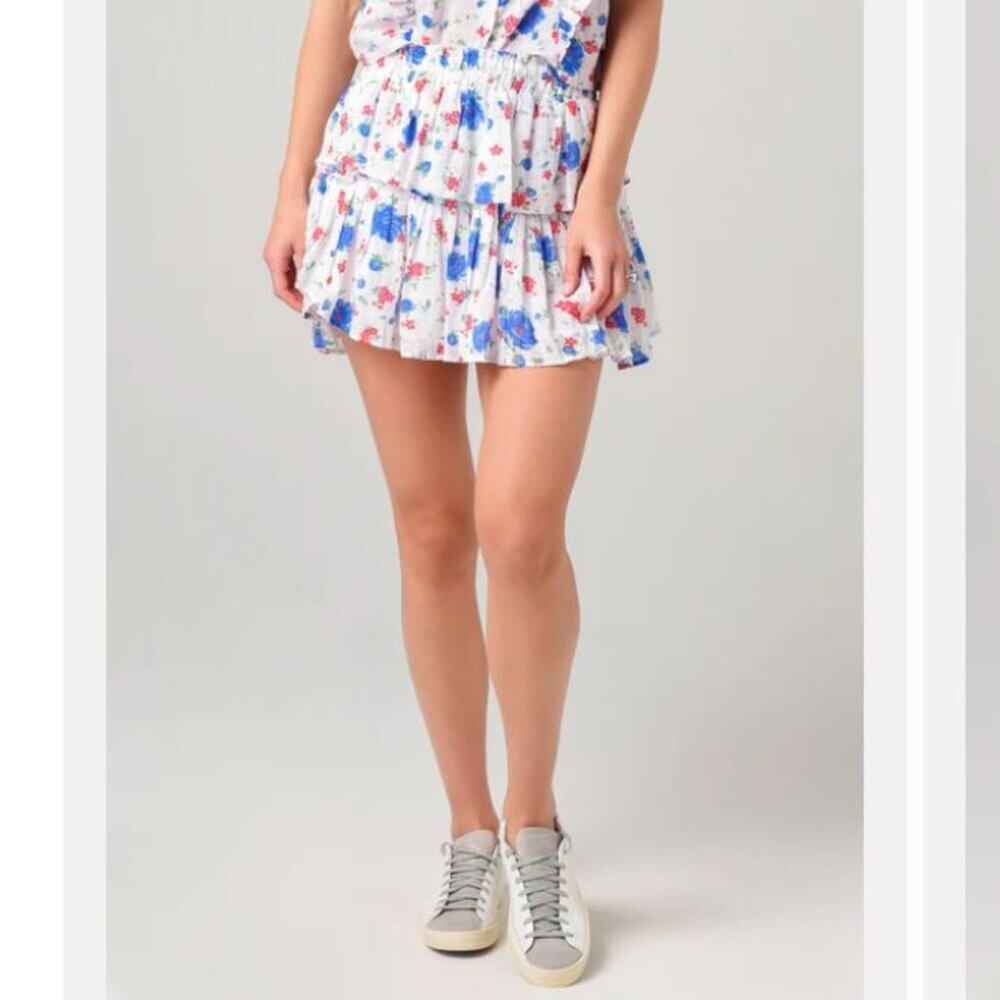 LoveShackFancy Ruffle Tiered Mini Skirt Blue Notte Floral Sz XS